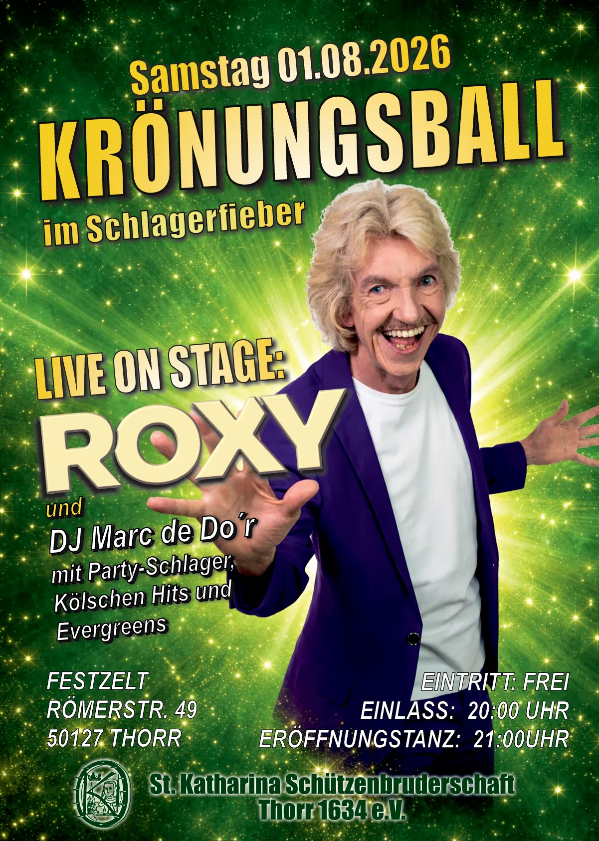 Plakat Krönungsball im Schlagerfieber am 01.08.2026 im Festzelt – live mit Roxy und DJ Marc de Dor, Eintritt frei