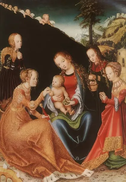 Lucas Cranach: Mystische Vermählung der hl. Katharina mit dem Jesuskind, im Beisein weiterer Heiliger