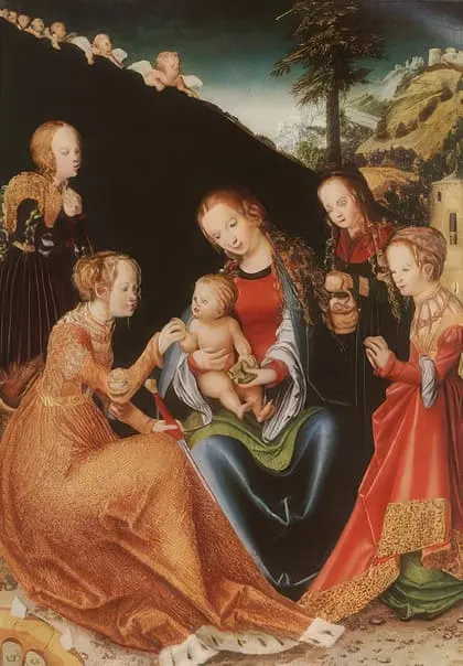 Lucas Cranach: Mystische Vermählung der hl. Katharina mit dem Jesuskind, im Beisein weiterer Heiliger