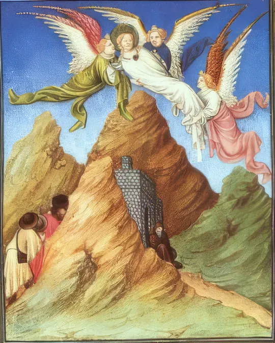 Brüder von Limburg, Très Riches Heures du Duc de Berry: Engel tragen den Leichnam der hl. Katharina auf den Berg Sinai